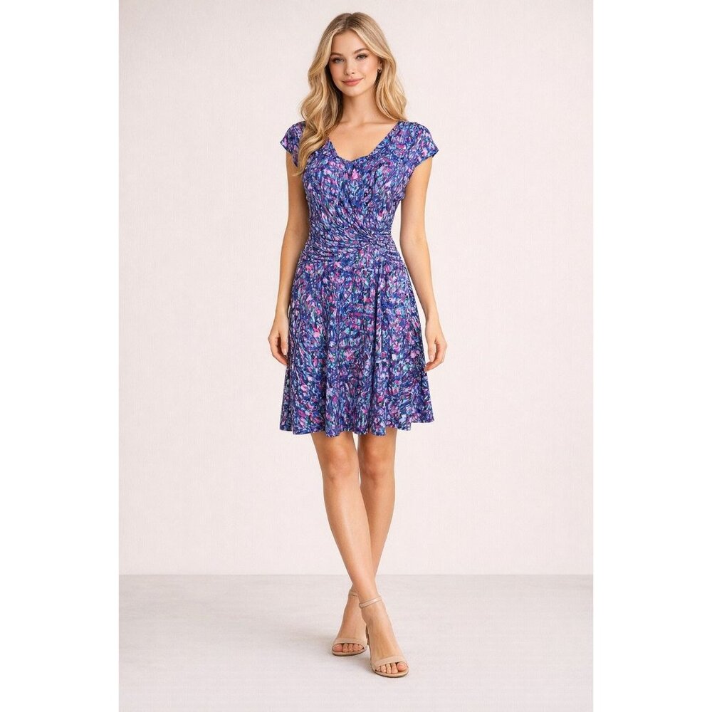 Dress Ruched Waist Purple Womens 8 Blue Multicolor Cap Sleeves Slimming Easter